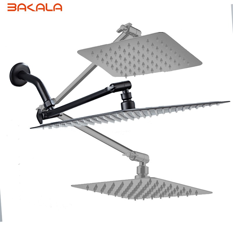 BAKALA 304 Stainless Steel Black Adjustable Shower Head With Solid Brass Extension Arm Folding Free Shipping