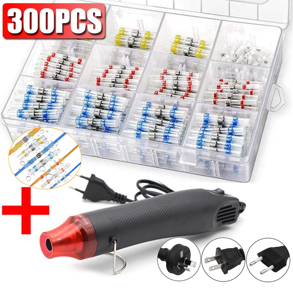 300pcs Electric Heat Shrink Butt Terminals Crimp Terminals Seal Welding Kit Waterproof Wire Twisting Cabling Connector With 300W Hot Air Gun