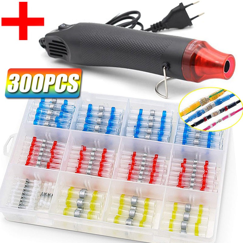 300pcs Waterproof Electric Heat Shrink Butt Terminals Crimp Terminals Weld Sealing Wire Cable Stranding Terminal Kit With Hot Air Gun