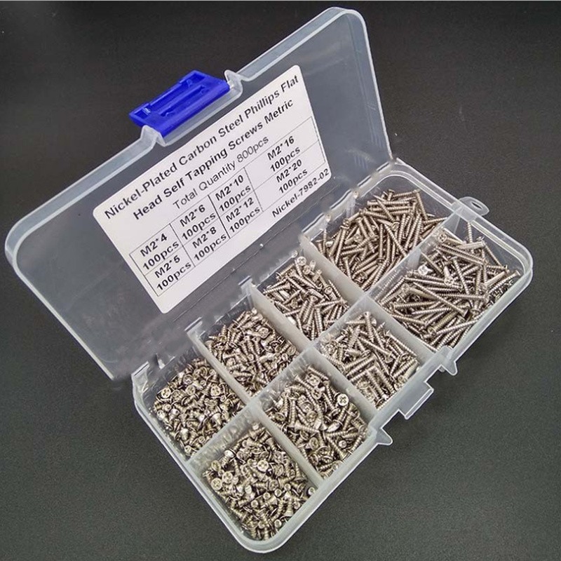 800pcs M2 Stainless Steel Self Tapping Wood Screw Assorted Set Lock Nut Wood Flat Head Thread Nail Screw Fastener Sets