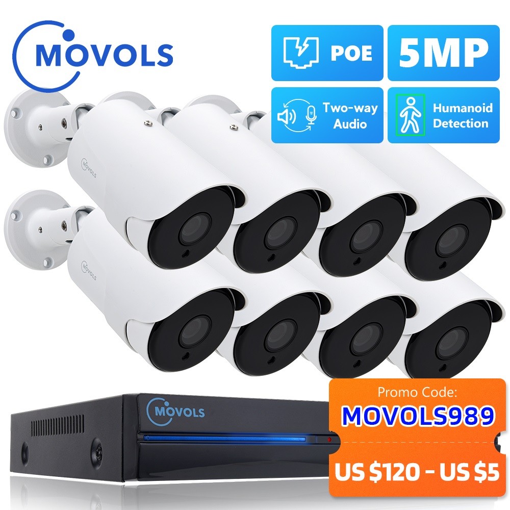 MOVOLS 8CH 5MP POE AI نظام الكاميرا الأمنية اتجاهين الصوت طقم NVR CCTV في الهواء الطلق 5MP IP كاميرا H.265 P2P مجموعة مراقبة الفيديو