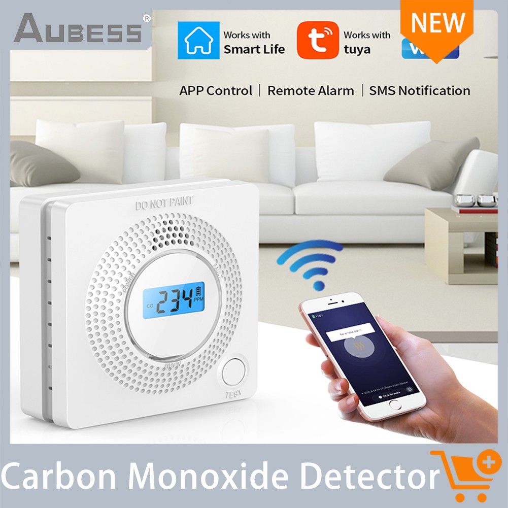 Aubess WIFI Carbon Monoxide Detector Gas Alarm Household Tuya Smart APP Alkaline Battery Remote Control Carbon Monoxide Detection Powered