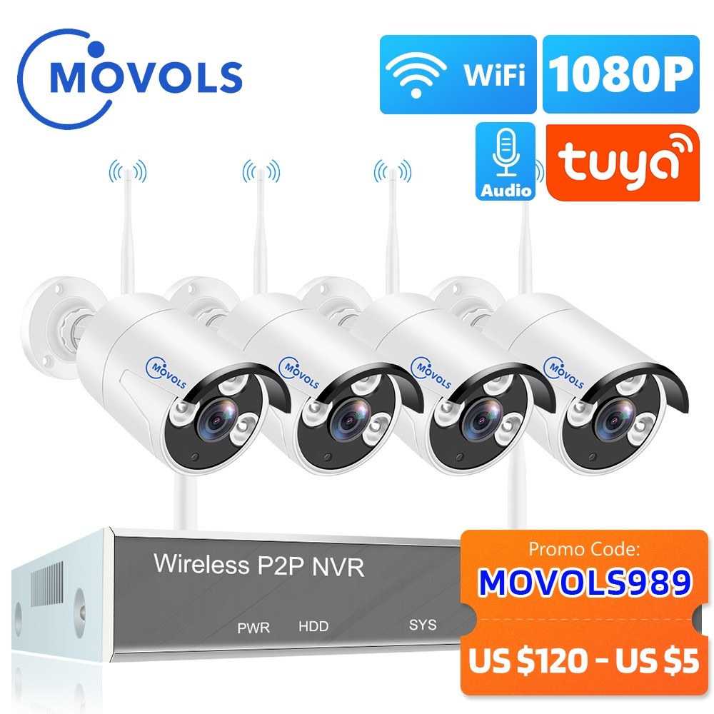 MOVOLS H.265 Wireless CCTV System 8CH 1080P Tuya NVR 2MP Outdoor Waterproof WiFi IP Security Camera Audio Video Monitoring Kit