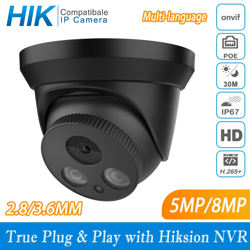 Hikvision Compatible Black Color Dome POE IP Camera 8MP Security CCTV Camera 1080P IR 30m H.265 P2P Plug and Play Security IPC