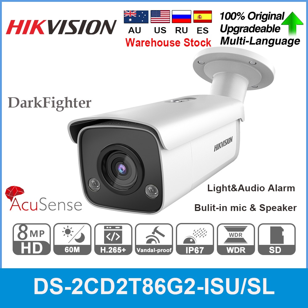 Original Hikvision 4K 8MP IP Camera DS-2CD2T86G2-ISU/SL Darkfighter acusance Bullet IP67 60M Smart H.265 + SD Slot Audio Alarm