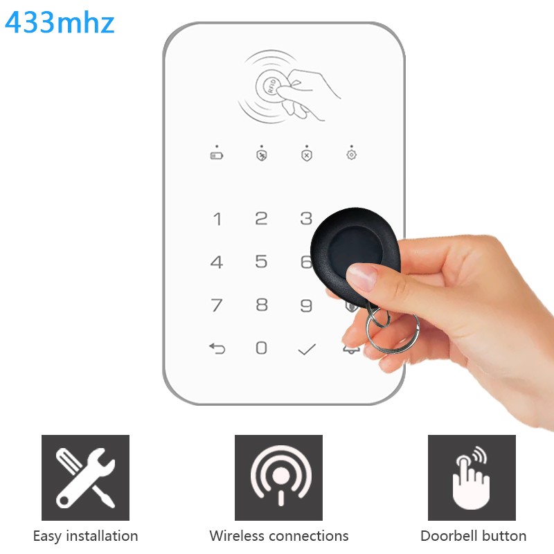 Wireless Smart Keypad Lock Touch Keypad Rfid Card Unlock White Home Security 433MHz Frequency Connect to Alarm Host