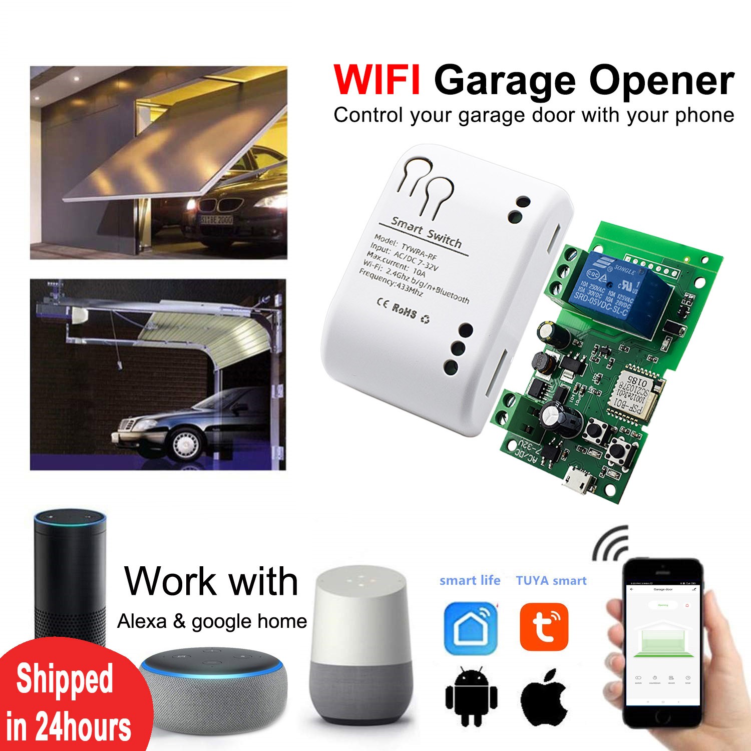 SmartLife Garage Door Opener WiFi Smart Switch Sliding Gate Controller Work With Alexa Echo Google Home SmartLife Tuya APP Remote Control