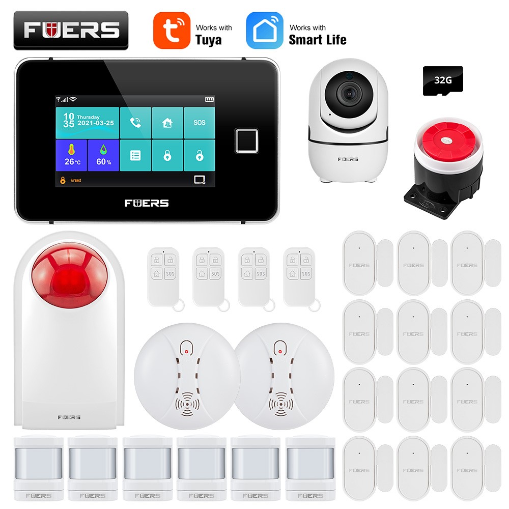 FUERS WIFI GSM Tuya Smart Home Security Alarm System Kits Touch Screen Wireless Burgl Control 433MHz Siren PIR Motion Sensor