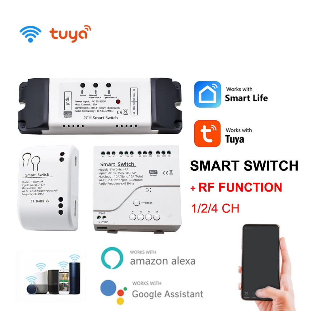 1/2/4 CH Smart WiFi Light Switch Garage Door Opener Breaker Module 12V 24V 220V RF Receiver Tuya Remote Control Work with Alexa