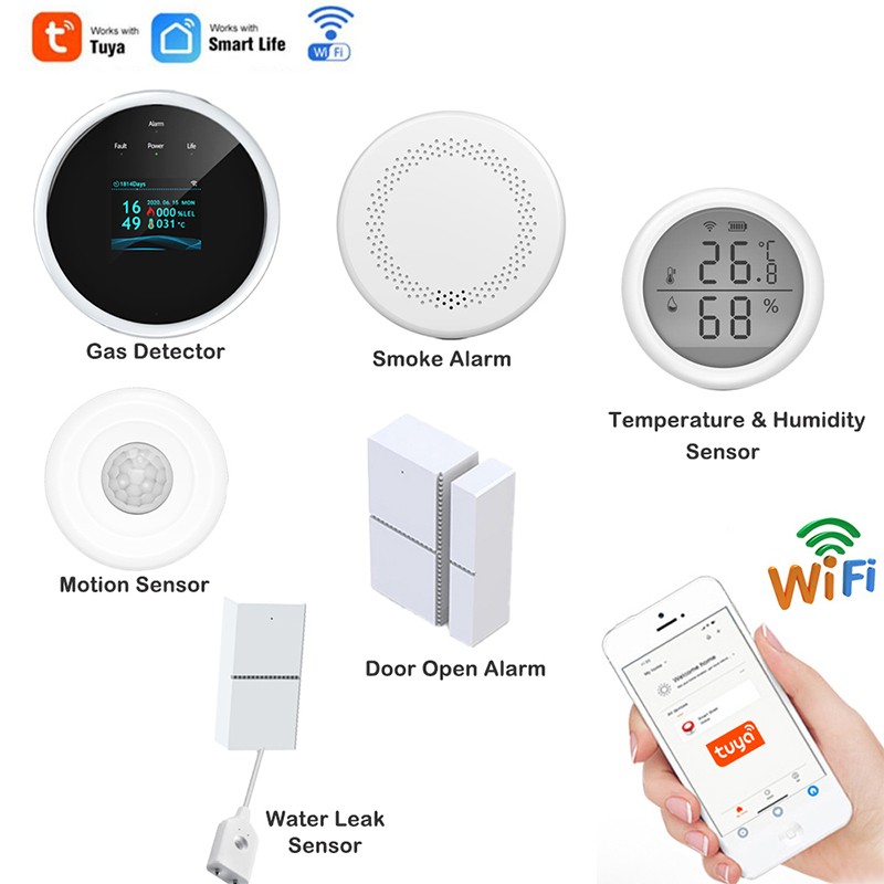 Home Security Products Personal Alarm 6pcs-kit Wifi Smoke Gas Detector Thermometer Motion Monitoring Door Friction Sensor