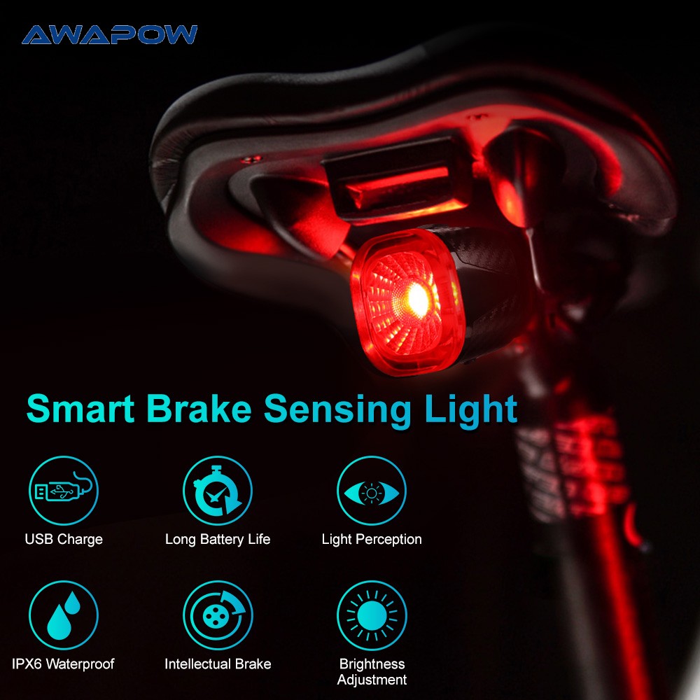 Awapow Bicycle Brake Tail Light Smart USB Charging Cycling Light IPX6 Waterproof LED Smart Safety Brake Auto Sensor Bike Lamp