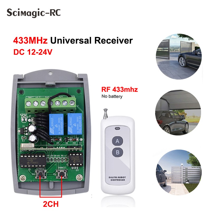 Garage Door Remote Control 433.92MHz Universal Receiver 2CH Garage Door Opener Controller DC 12V 24V and 1pc 433MHz Transmitter