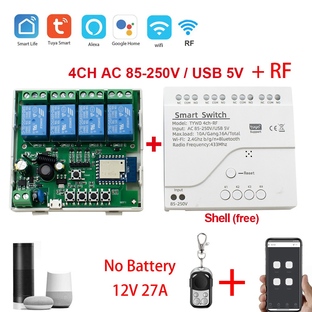 2022 New Tuya WiFi Smart Switch 220V 4CH RF Circuit Breaker Relay Light Smart Home Controller with Alexa Google Home Key Chain