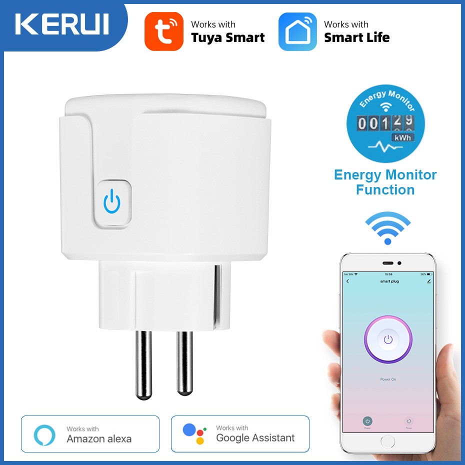 2022 KERUI Tuya Smart Socket WiFi EU Plug Adapter 16A Remote Voice Control Outlet Socket Work with Alexa Google Smart Assistant