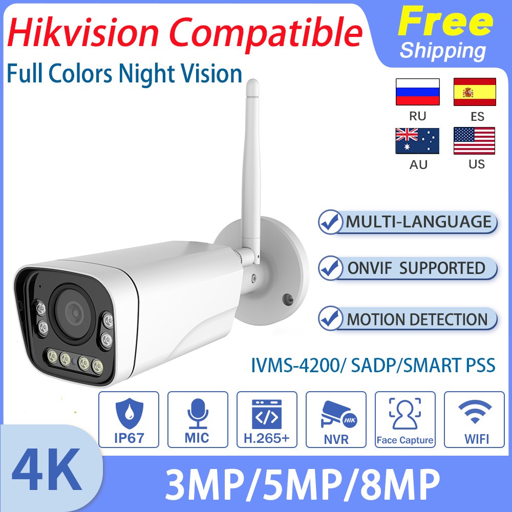 4K 8MP WiFi Wireless IP Camera Full Color Night Vision Compatible Hikvision IMX415 Motion Detection Home Security