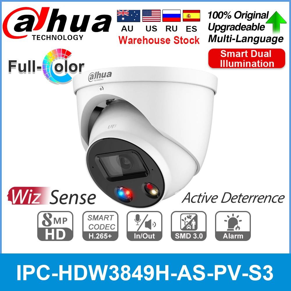 Dahua 8MP Full-Color IP Camera Active Deterrence IPC-HDW3849H-AS-PV-S3 4K Built-in Microphone Speaker WizSense Smart Dual Light