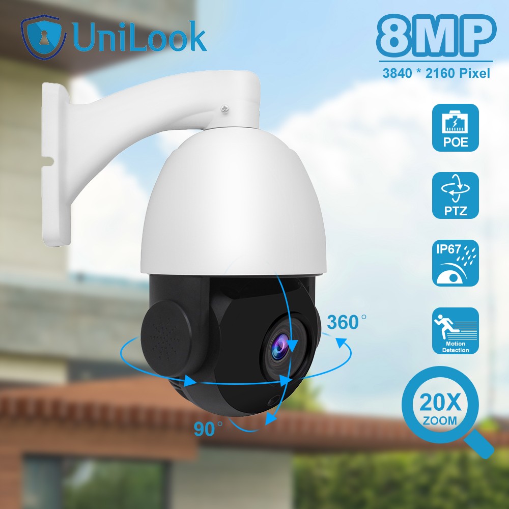 Unilock 4K 8MP Outdoor PTZ POE IP Security Camera 20X Speed ​​Dome CCTV Camera Hikvision Protocol Auto Zoom Cam 80m IR IP66