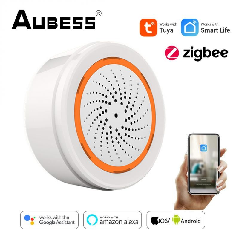 Aubess صفارة الإنذار Tuya زيجبي إنذار المدمج في صافرة إنذار الاستشعار 90dB ضوء الصوت أمن الوطن إنذار SmartLife العمل مع بوابة