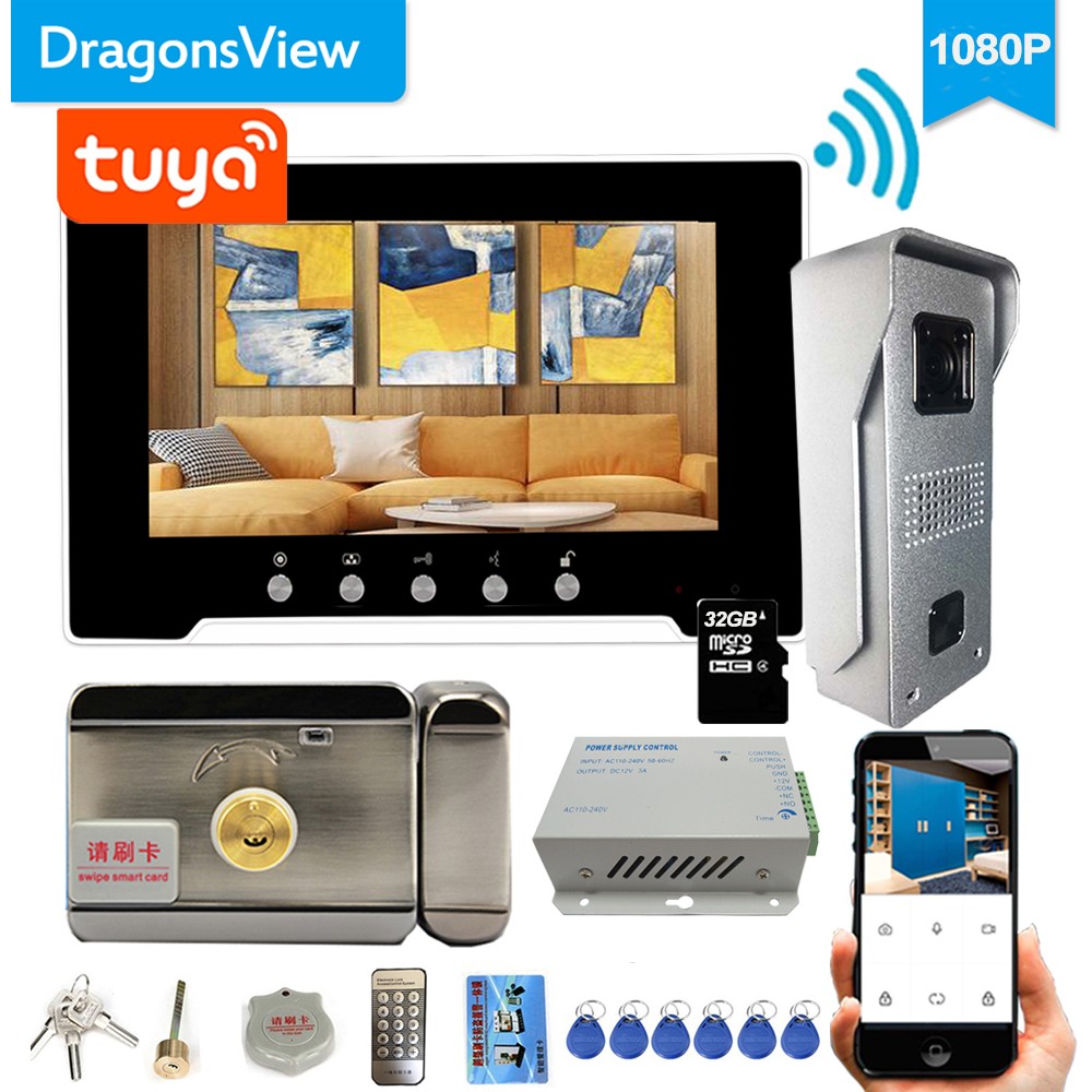 Dragonsview 1080P 7 بوصة السلكية واي فاي فيديو نظام اتصال داخلي هاتف فيديو لاسلكي للباب التحكم في الوصول 3A قفل إلكتروني الطاقة