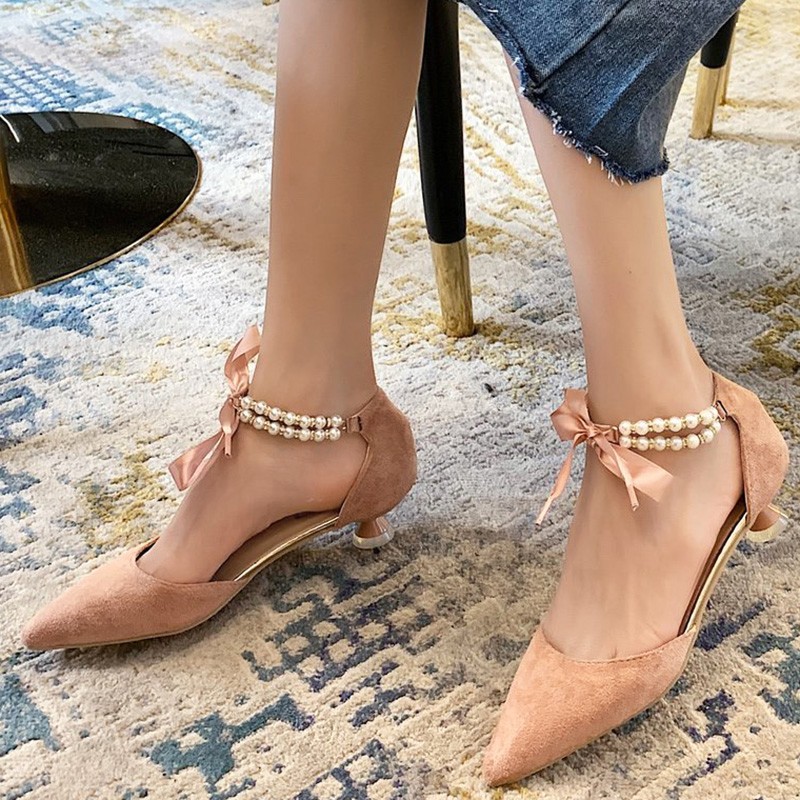 Rimocy - Women's Beaded High Heels Fancy Dress Shoes Soft Pink Bow Pointed Toe Elegant Velvet Party Shoes