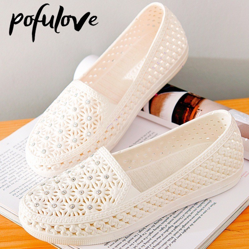 Pofulove Flats Shoes Women Hollow Out Slip On Casual Nursing Shoes Summer Loafers Female Sandals Shallow Beach Breathable Zapatos