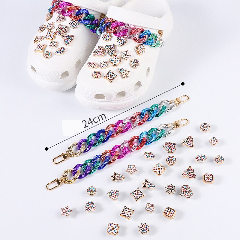 28pcs/lot Shoe Charms Designer Croc Charms Rhinestone Girl Gift Glow Clog Decaration Rainbow Metal Love Accessories Croc Jibz