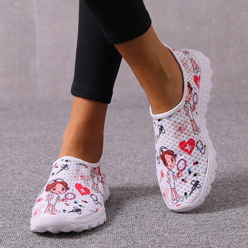 Rimocy Nursing Shoes Women Print Breathable Sneakers Woman Slip On Light Non-slip Flats Ladies Soft Bottom Casual Sneakers