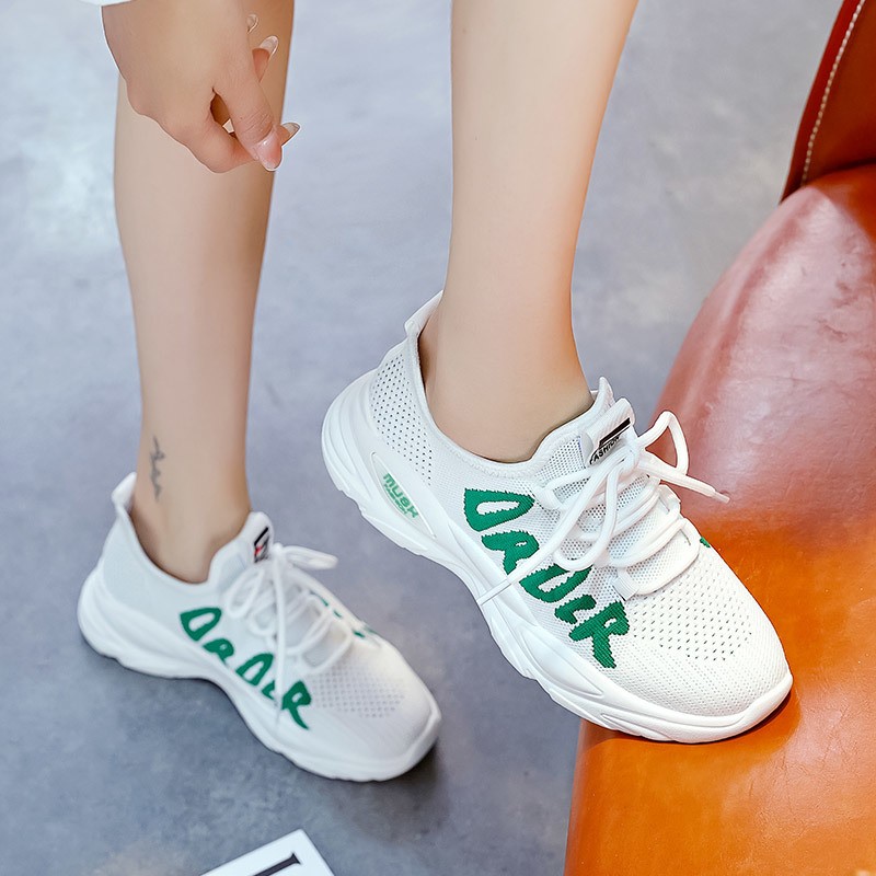 Fashion Running Sneakers Women Breathable Mesh Lace-up Ladies Trainers Outdoor Solid Letter Sneakers Spring Sneakers Zapatos Mujer