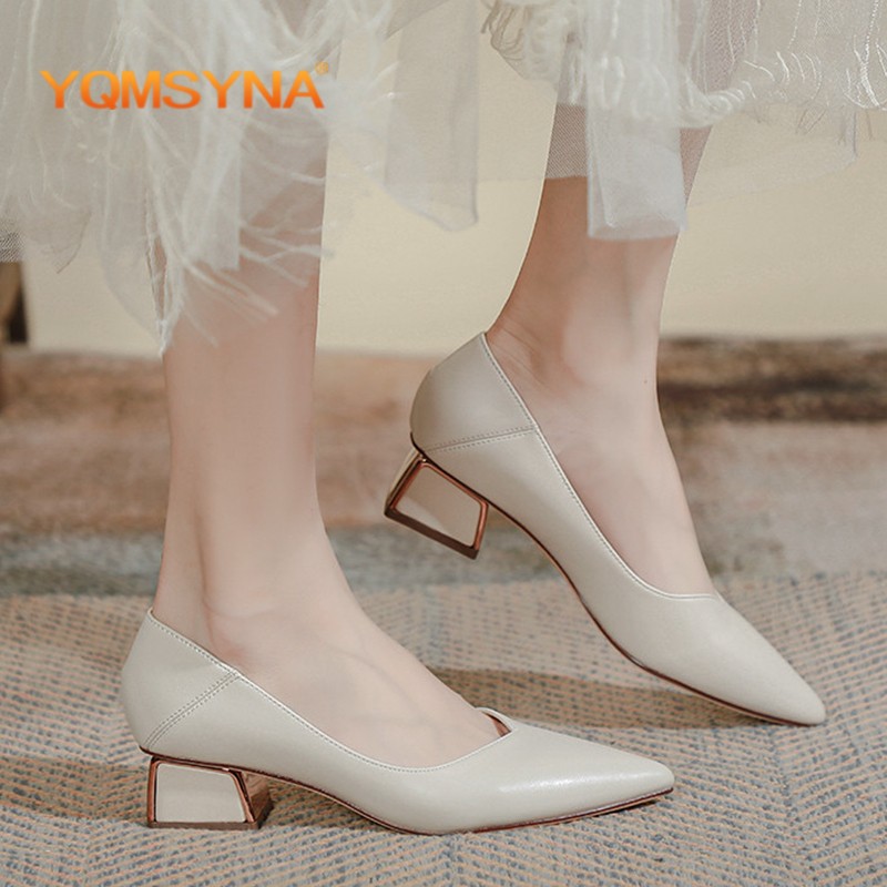 YQMSYNA Women Shoes Casual Pumps Fashion Pointed Toe Metal Beading Square Heel Pumps Street Style Slip On High Heel Shoes W39