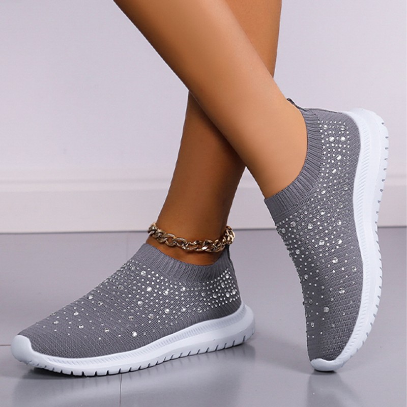 Rimocy Shining Crystal Flats Women Spring Breathable Knit Platform Sneakers Woman Comfortable Soft Bottom Non-slip Sneakers