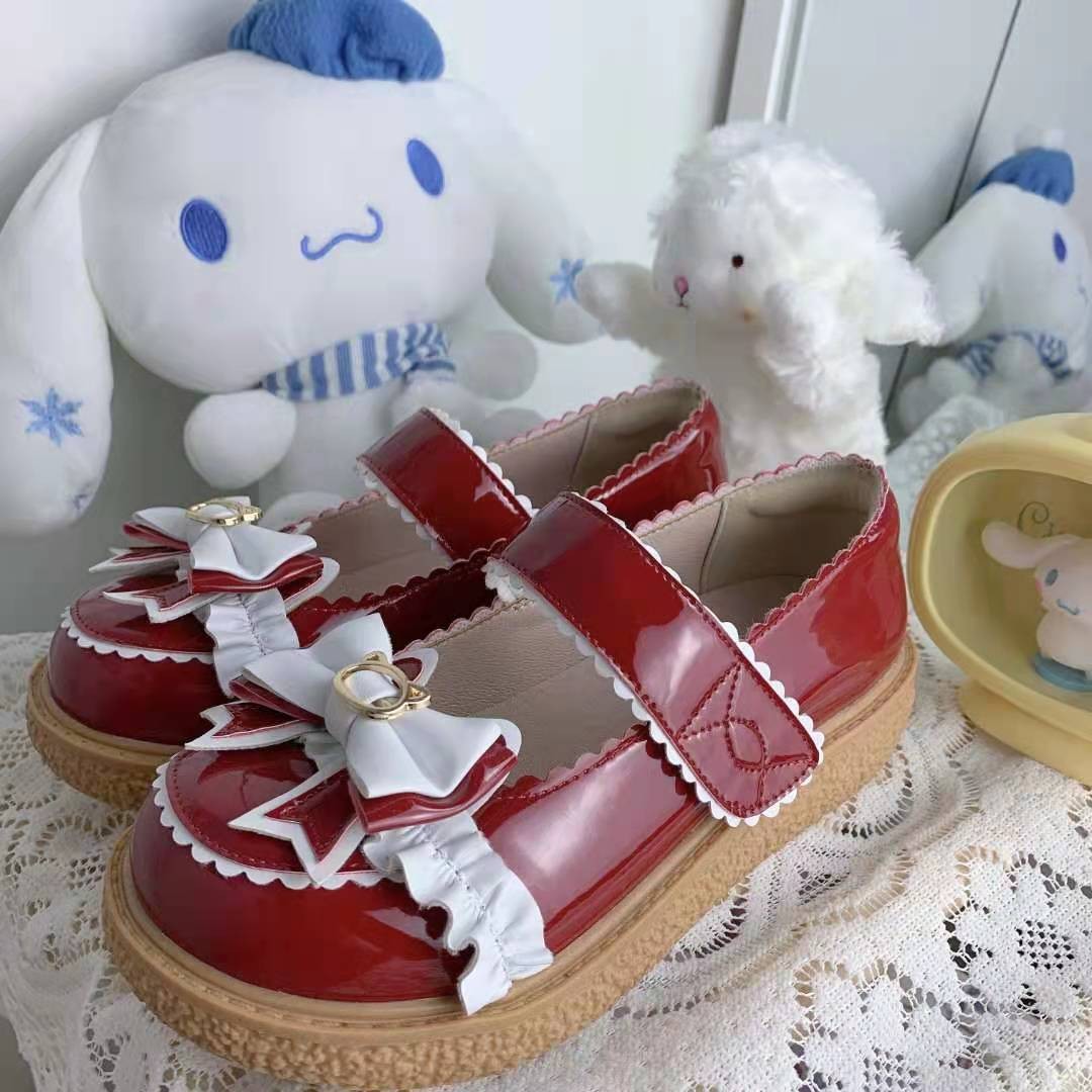 Summer 2022 Women's Shoes Red Mary Janes Girls Japanese Style Bow Lace Lolita Shoes Kawaii Loop Tie Sandals