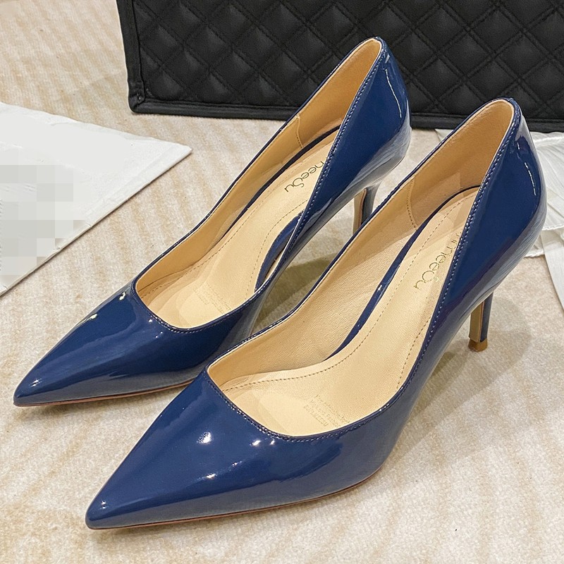 Women Classic Wedding Bridal Shoes Pointed Toe 6cm Thin Pumps High Heel Red Blue White Patent Leather Lady Pumps Big Size O0010