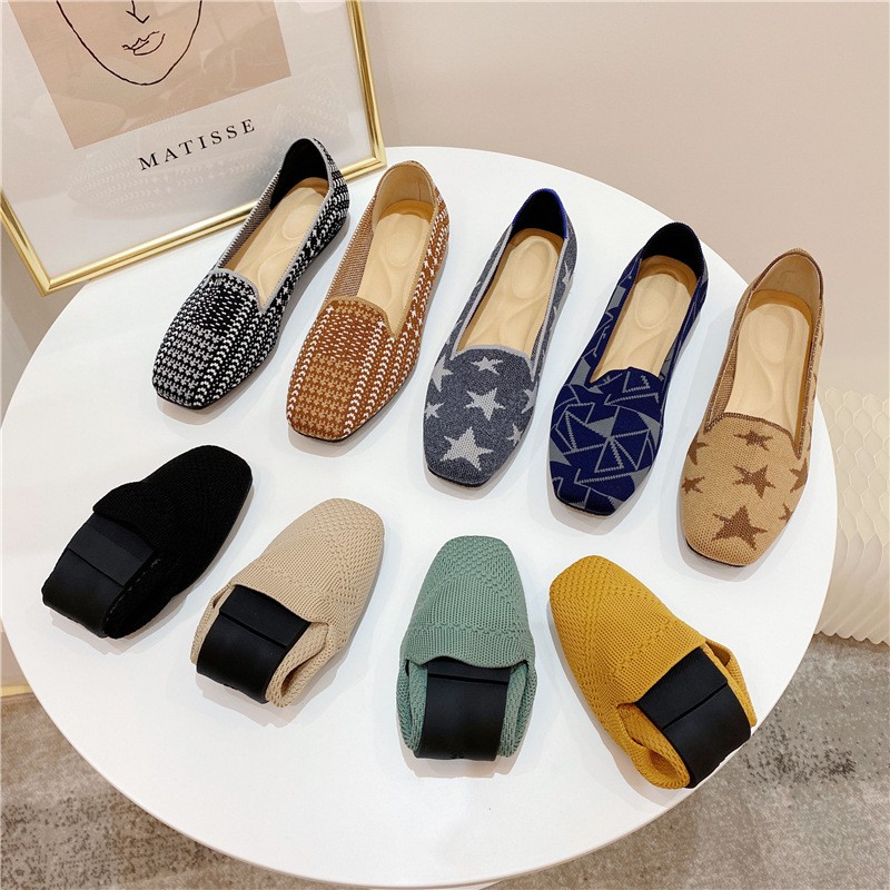 2021 Women Flat Knitted Square Toe Colorblock Soft Ladies Zapatos De Sport Zapatillas Mujer Ballet Breathable Moccasins