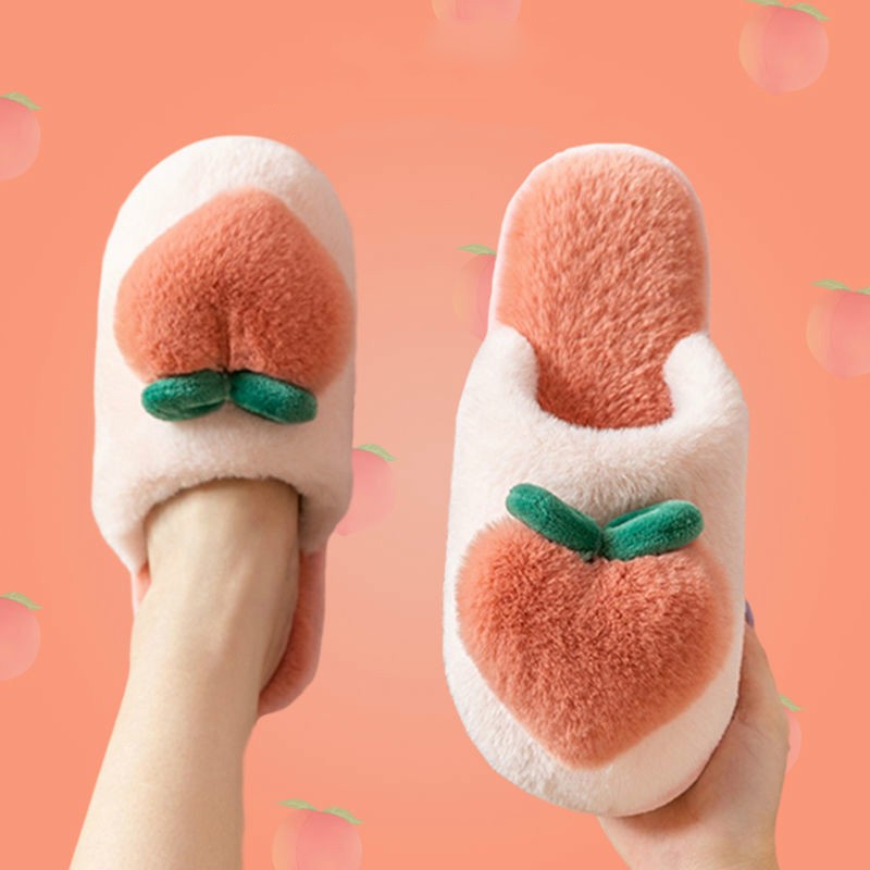 Slippers for Home Peach Chinelos Women Flip Flops Cartoon Fur Winter Warm Non-slip Floor Kawaii Shoes