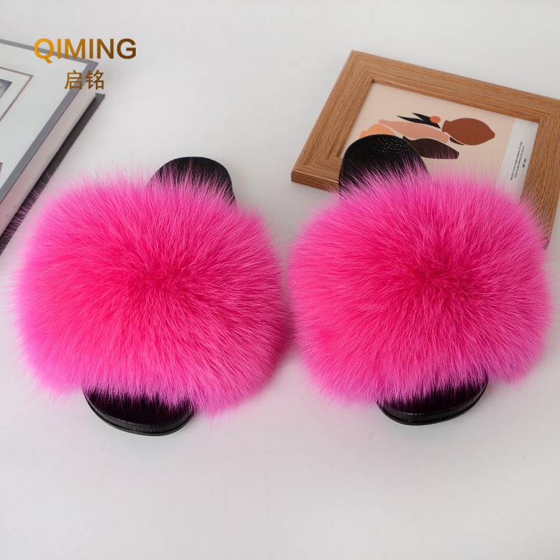 Women Summer Fluffy Fur Slippers Flat Non-slip Solid Real Furry Fur Slides Platform Shoes Plush Fur Sandals Flip Flops Women