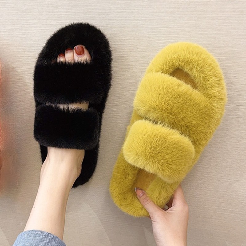 2021 Winter Keep Warm Women Fur Furry Slippers for Home Fluffy Soft Indoor Slides Thick Flats Heel Non-slip Indoor House Shoes