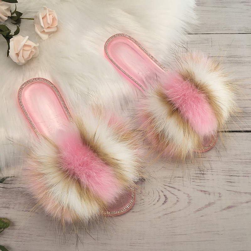 fluffy slippers women real fur home slides summer crystal rhinestones shoes for women flip flops with fur jelly sandals women