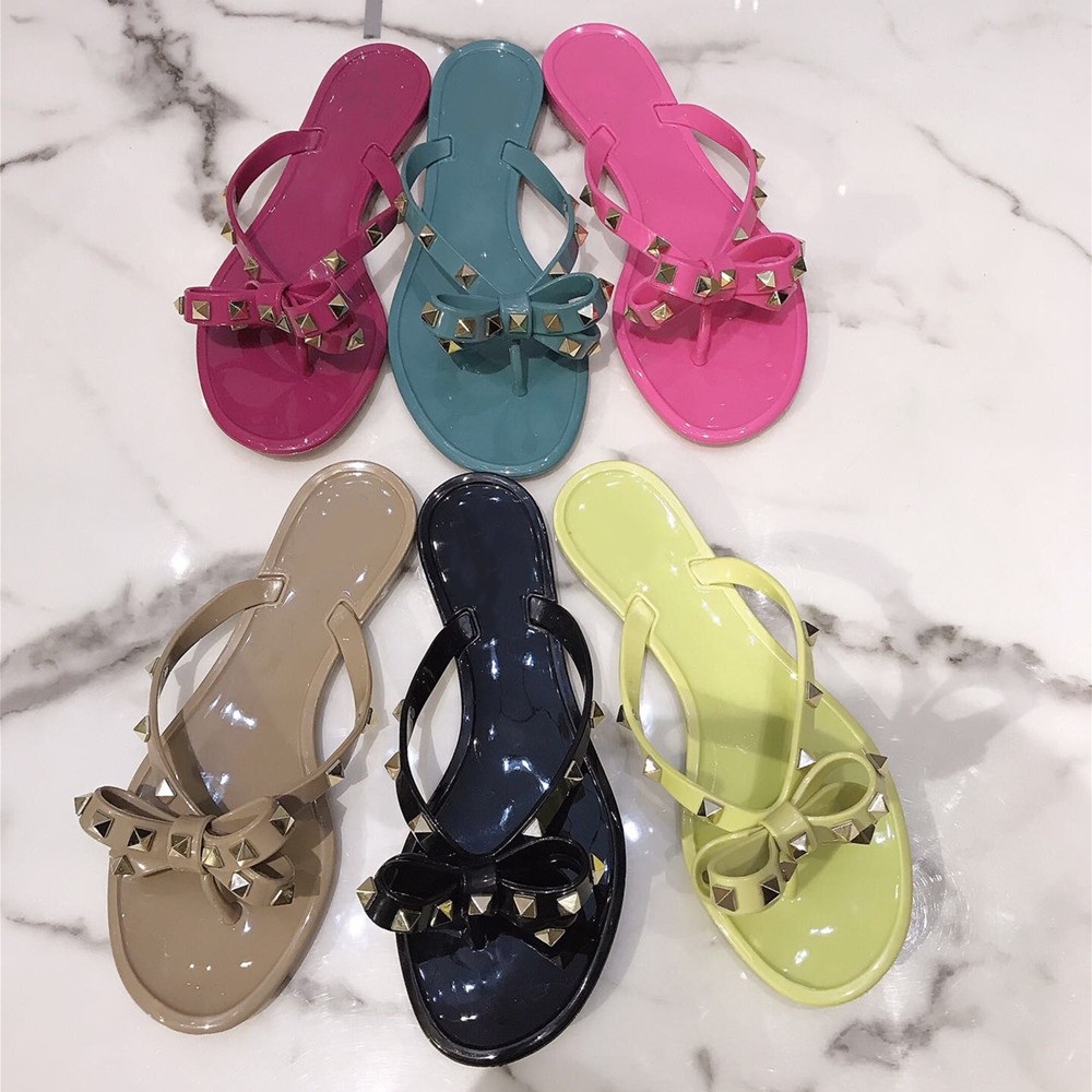 Fashion Brand Summer Flip Flops Woman Rivets Women Sandals Bow-knot Flat Slippers Girls Studded Beach Slides Jelly Shoes 35-41