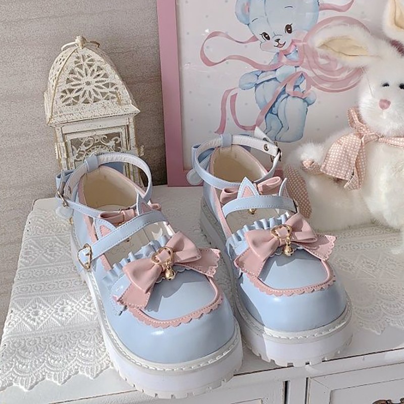 Kawaii المرأة صنادل أرضية القوس المرقعة Zapatillas Mujer 2022 الربيع اليابانية نمط مشبك أجراس الفتيات جميلة لوليتا الأحذية