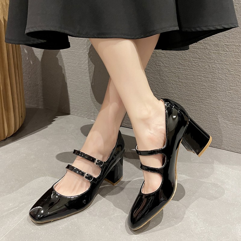 Rimocy Thick High Heels Mary Jane Shoes For Women Fashion Double Buckle Strap Pumps Woman Spring Summer New Patent Leather Shoes