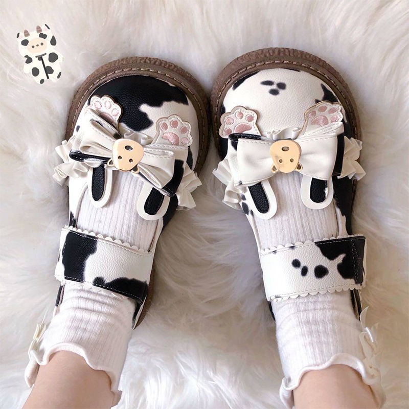 Kawaii Cow Print Girls Mary Janes 2022 Japanese Style Patchwork PU Bow Lolita Spring Shoes Black White Lace Zapatillas Mujer