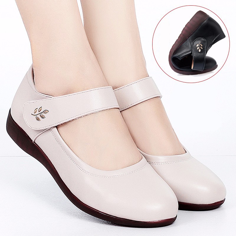 Rimocy Comfort Soft Bottom Flats Women Spring Flower Ankle Strap Flat Heels Mom Shoes Woman Beige PU Leather Light Nursing Shoes