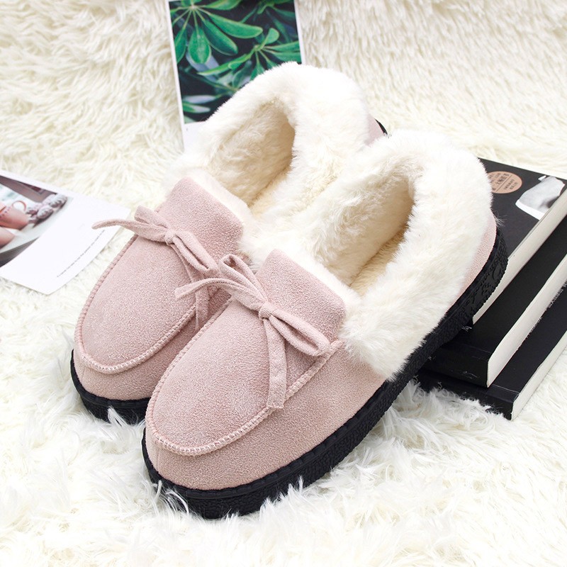 Women Slippers Winter Bow Tie Plush Warm Shoes Inside Loafers Indoor Slippers Ladies Ladies Slip On Shoes Chaussure Femme Women Shoes Non-leather Casual Shoes Women's Shoe Brand