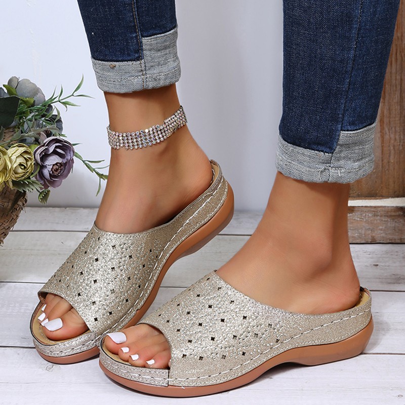 Rimocy Gold Silver Rhinestone Platform Slippers Women 2022 Summer Open Toe Beach Sandals Woman Lightweight Comfortable Slides