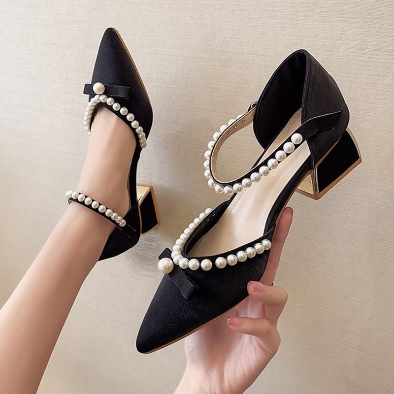 Rimocy 2022 Summer Pearl Pumps Women Pointed Toe Ankle Strap High Heels Shoes Woman Med Heel Elegant Bowknot Dress Shoes Ladies