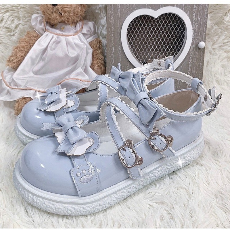 Kawaii Bear Buckle Women Lolita Shoes Japanese Style Patchwork Bow Zapatillas Mujer Fashion Girls Mix Color Lace Mary Janes