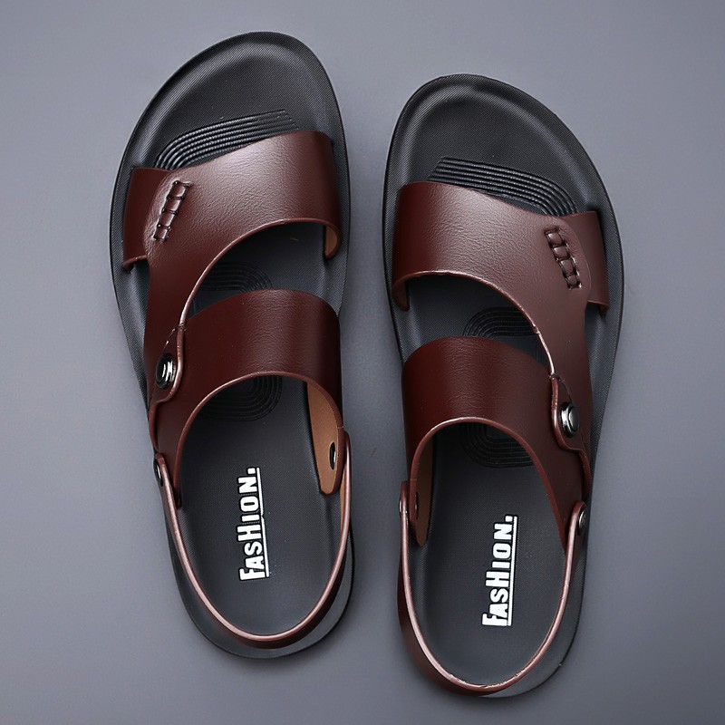 2022 summer new fashion men shoes vintage genuine leather non-slip beach slip-on sandals travel flip-flops black brown