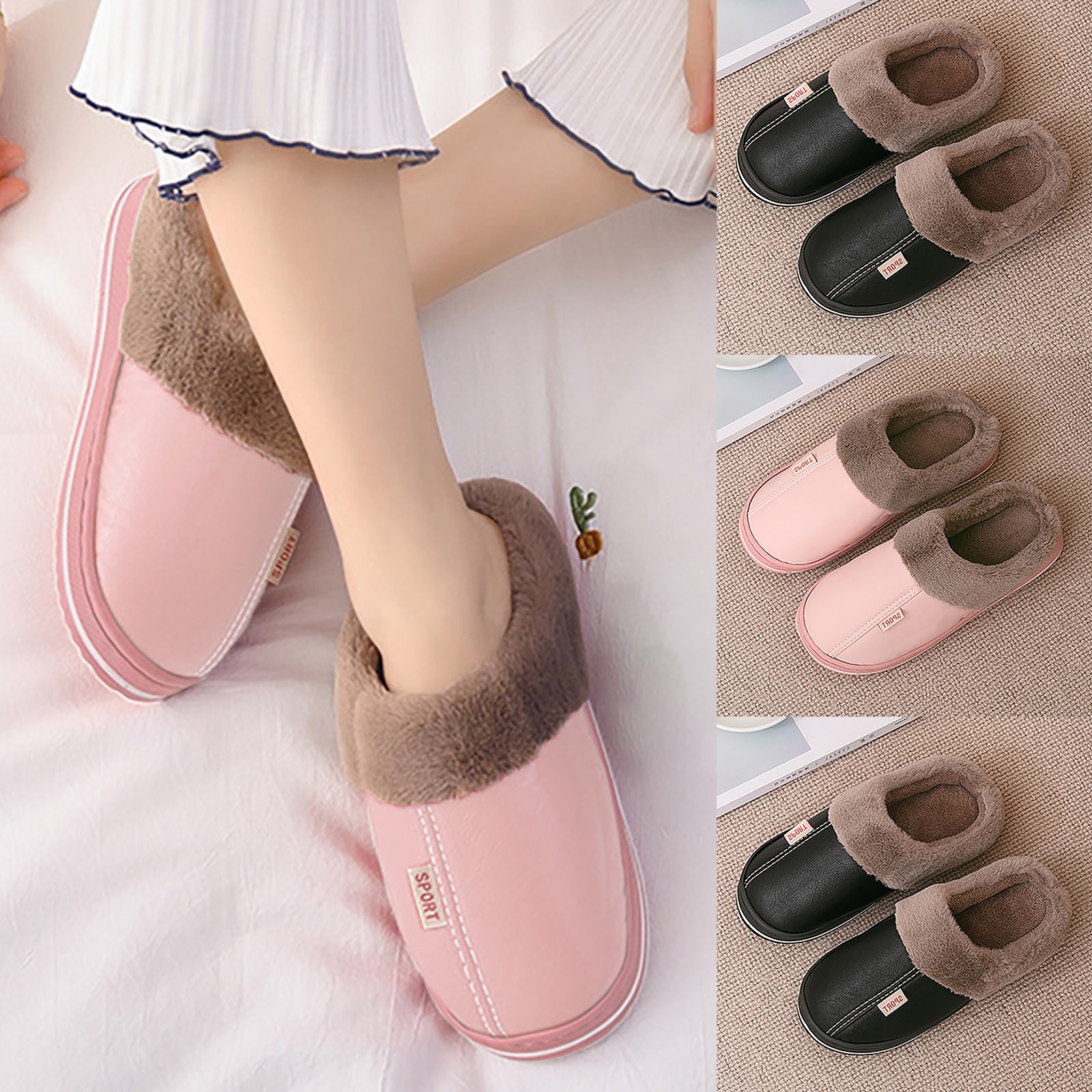 Slippers for women round toe flats plus velvet home indoor slippers for women comfortable winter warm plush non-slip shoes