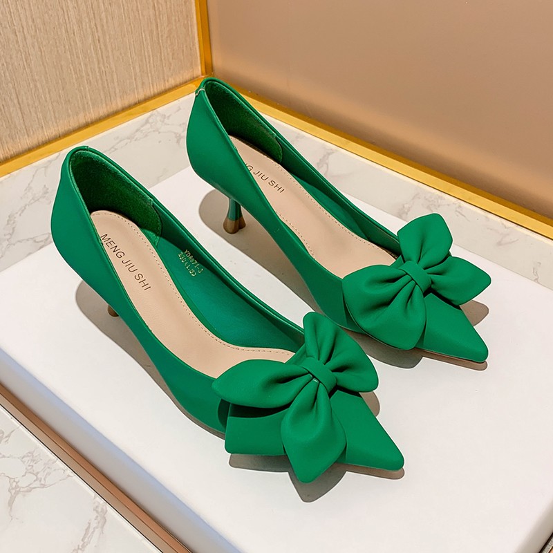 Rimocy Bowknot Green Pumps Women Slip On Soft PU Leather High Heel Shoes Woman Sexy Pointed Toe Thin Heel Office Ladies Shoes