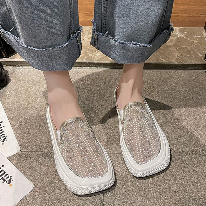 Rimocy Crystal Breathable Mesh Mules Shoes Women Summer Comfort Soft Bottom Platform Shoes Woman Square Toe Non-slip Beach Shoe